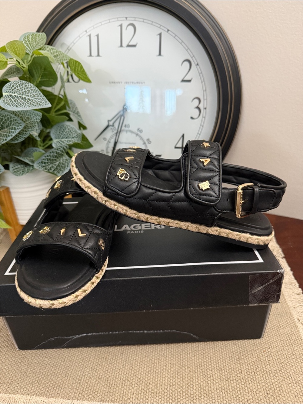 Karl Lagerfeld Black Quilted Sandals with Gold Stud Accents